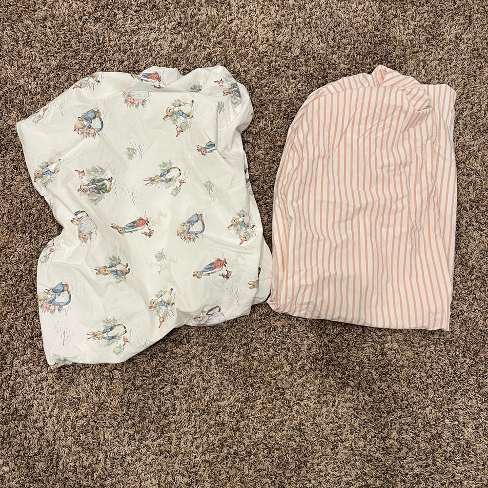 Pottery barn kids Peter rabbit and pink striped crib sheets bundle of 2 nursery